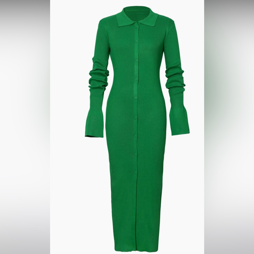 Shell Sleeve Ribbed Buttons Down Maxi Dress